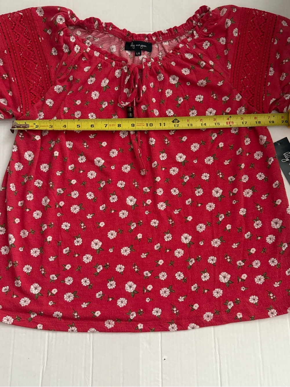 Red Floral Peasant Top with Lace Yoke - Picture 3 of 7